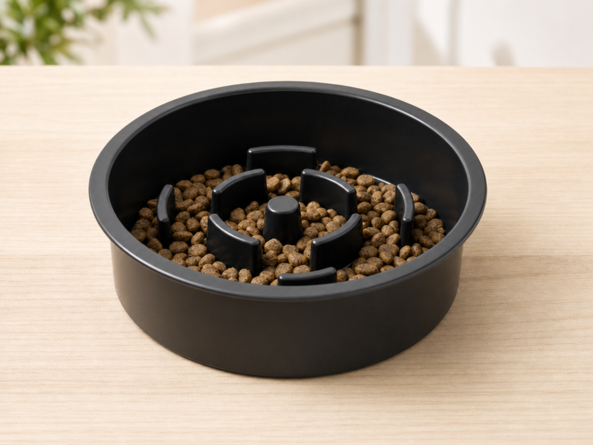 Actual Puppami slow-feeder bowl with deep cylindrical exterior, central post, curved fins and kibble distributed between channels